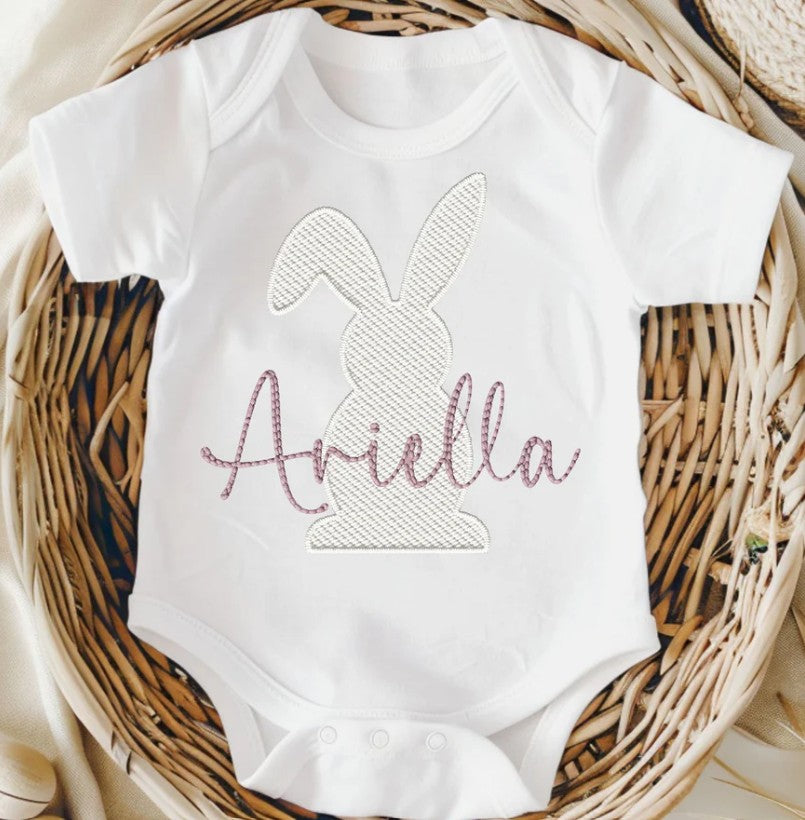 Personalised Baby Bodysuit - Embroidery Style - Stitched name bunny