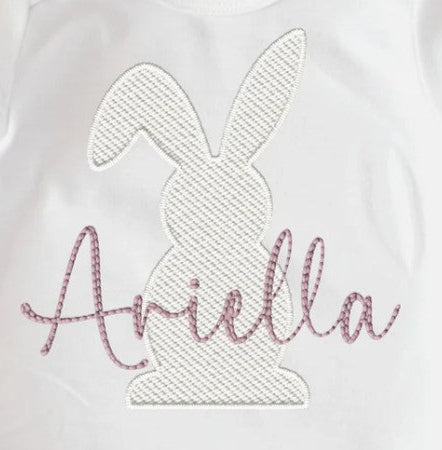 Personalised Short Sleeve White T-shirt - Embroidery Style - Stitched name bunny