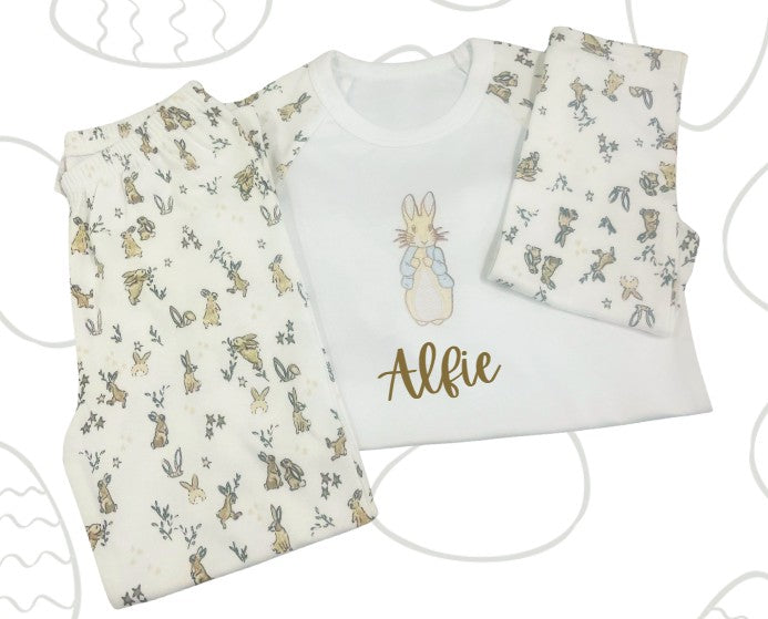 Personalised Kids Bunny Print Pyjamas - Embroidery Style - Flopsy