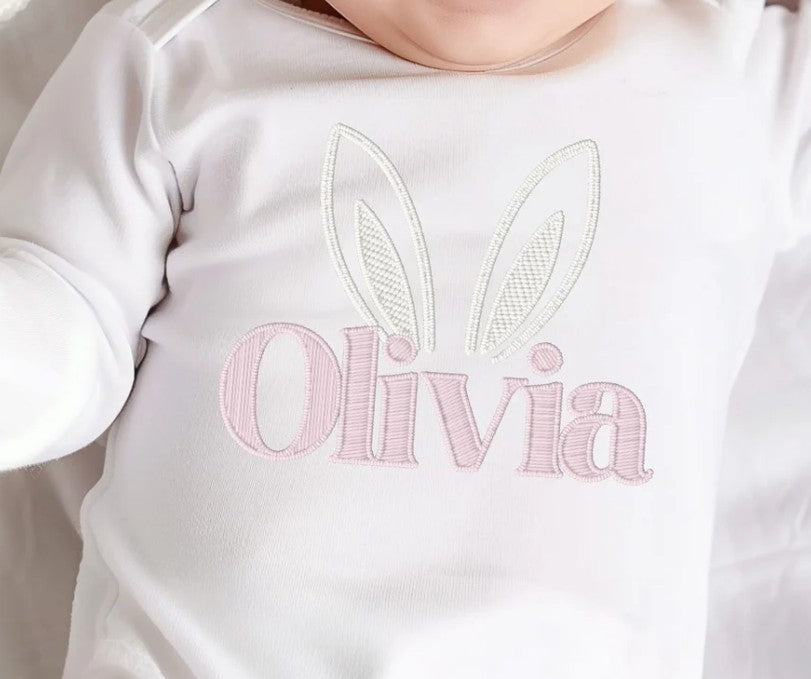 Personalised Long Sleeve Baby Bodysuit- Embroidery Style - Bunny Ears
