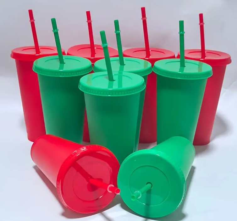 Personalised Reusable Tumblers with Straws & Lids- Red or Green