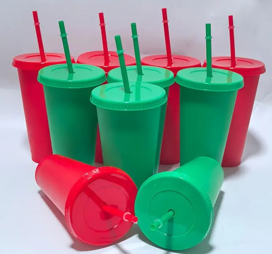 Personalised Reusable Tumblers with Straws & Lids- Red or Green